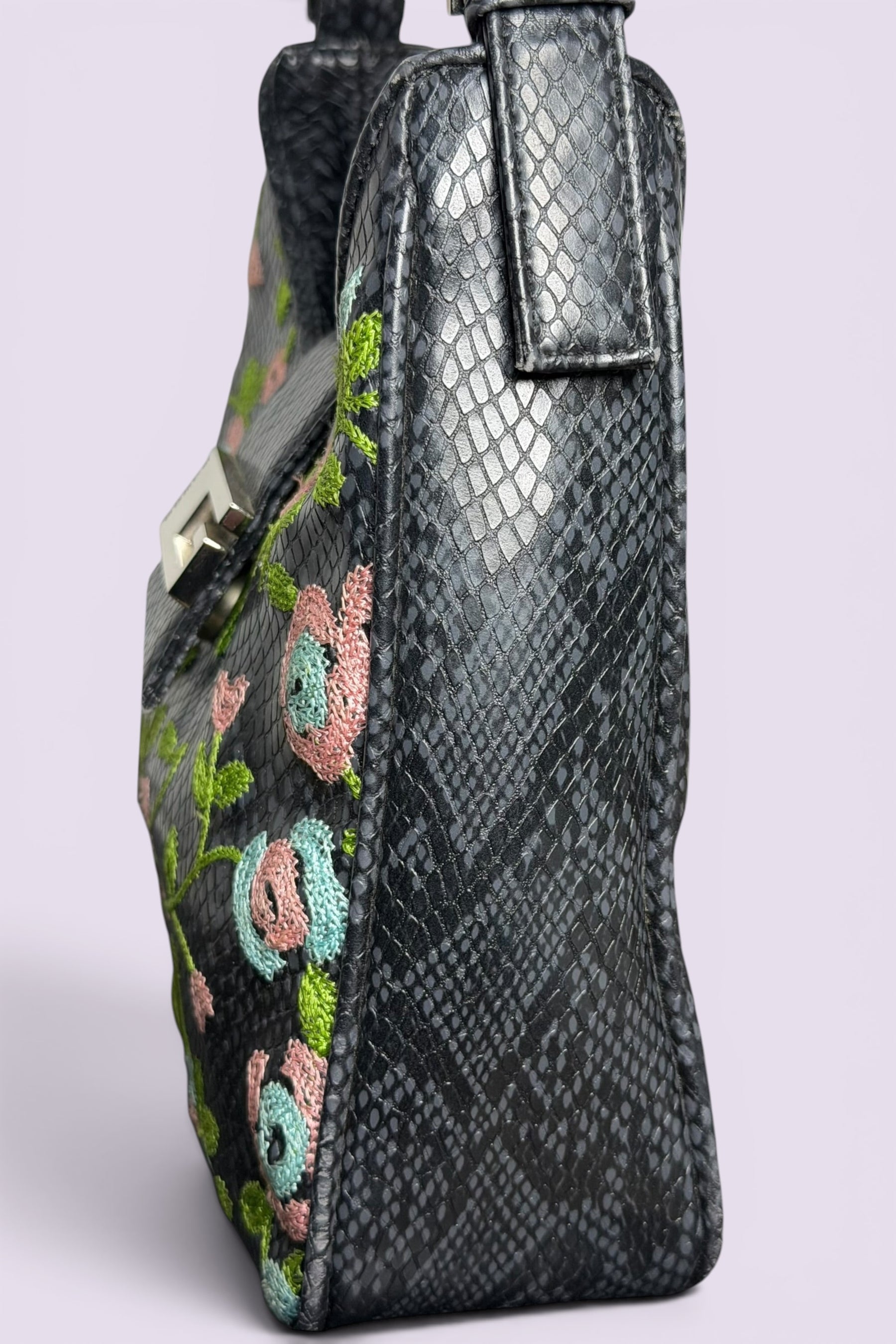 Guess Black Embroidered Python-Embossed Vegan Leather Bag | American Vintage