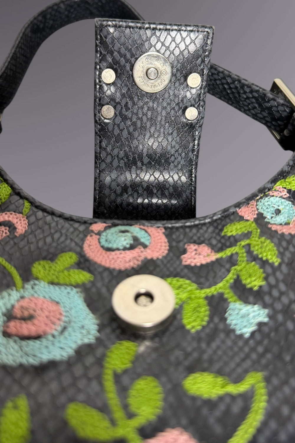 Guess Black Embroidered Python-Embossed Vegan Leather Bag | American Vintage