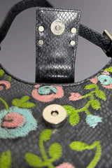 Guess Black Embroidered Python-Embossed Vegan Leather Bag | American Vintage