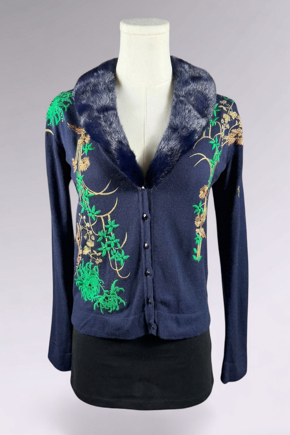 Blumarine Embroidered Wool Cardigan with Mink Fur Collar | Italian Vintage