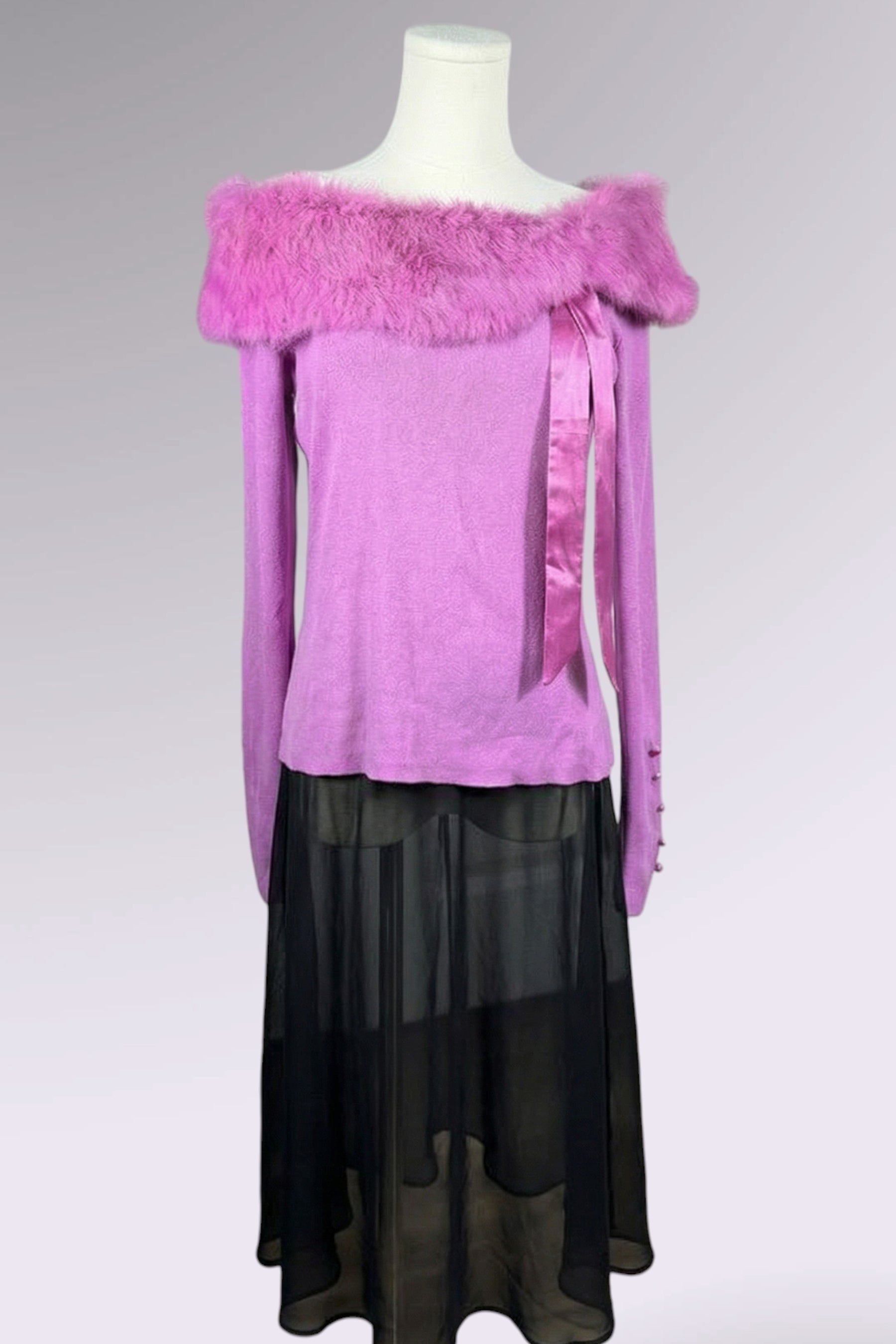 Off Shoulder Silk Blend Top with Detachable Fur Collar | American Vintage