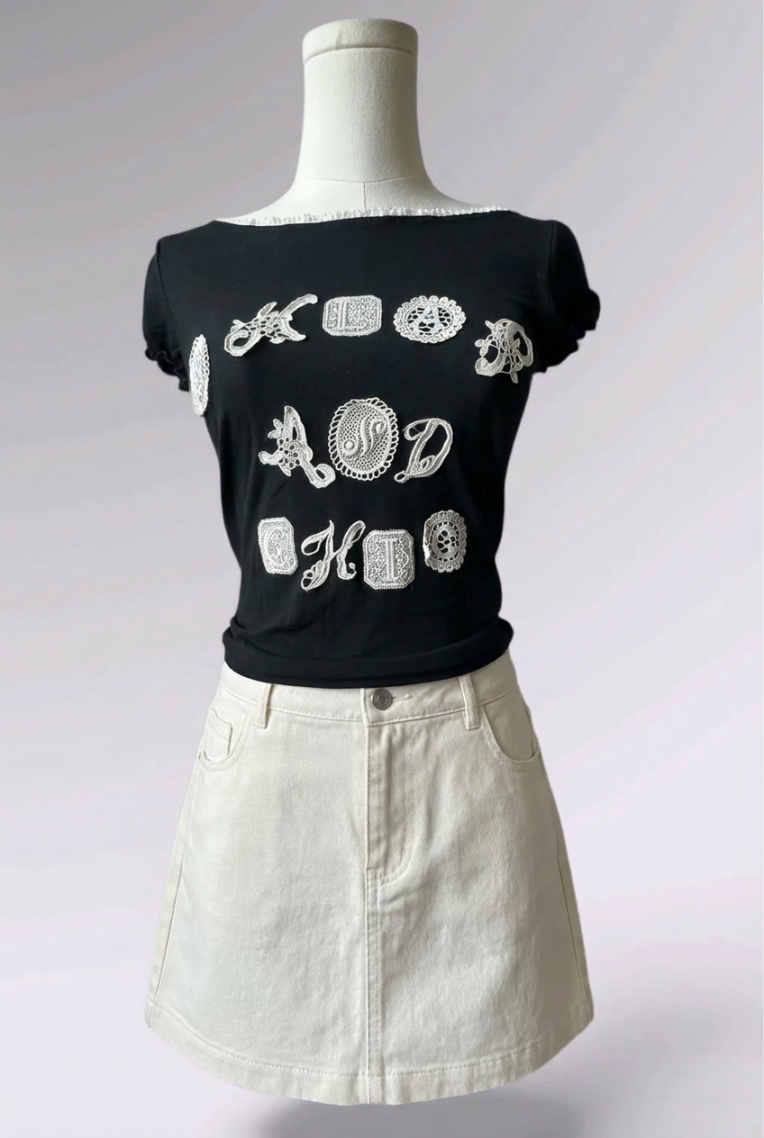 Moschino Cheap & Chic Lace Alphabet Baby Tee | Italian Designer Vintage