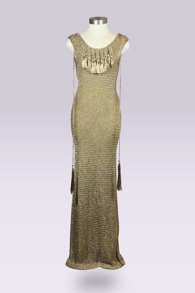 Ralph Lauren Collection Hand Knit Metallic Gold Maxi Dress | American Secondhand