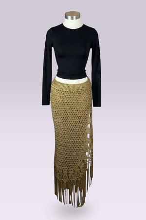 Ralph Lauren Hand Knit Gold Fringe Maxi Skirt | American Vintage