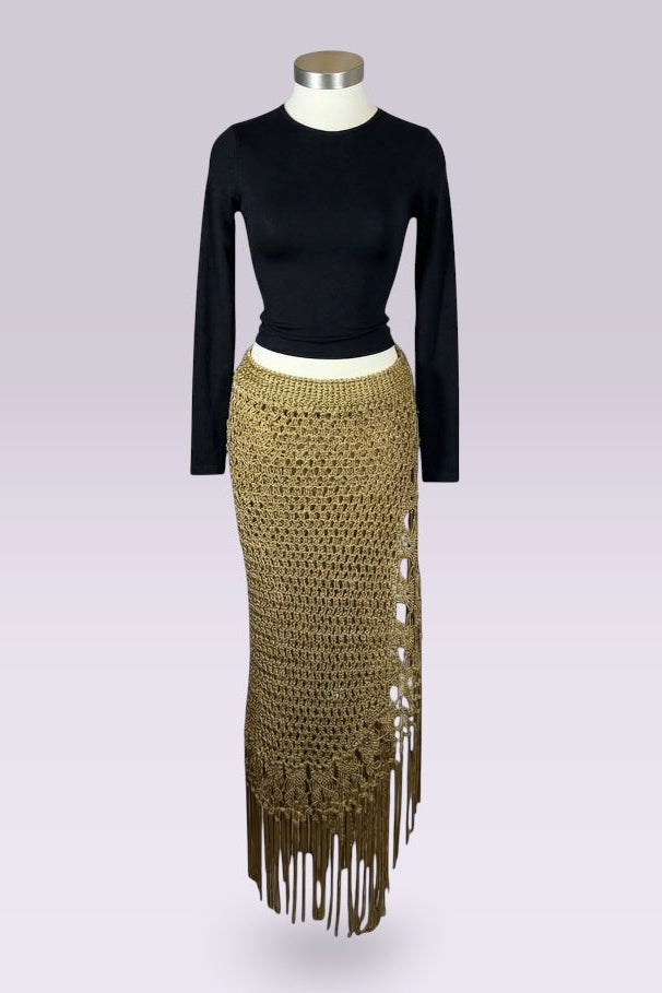 Ralph Lauren Hand Knit Gold Fringe Maxi Skirt | American Vintage