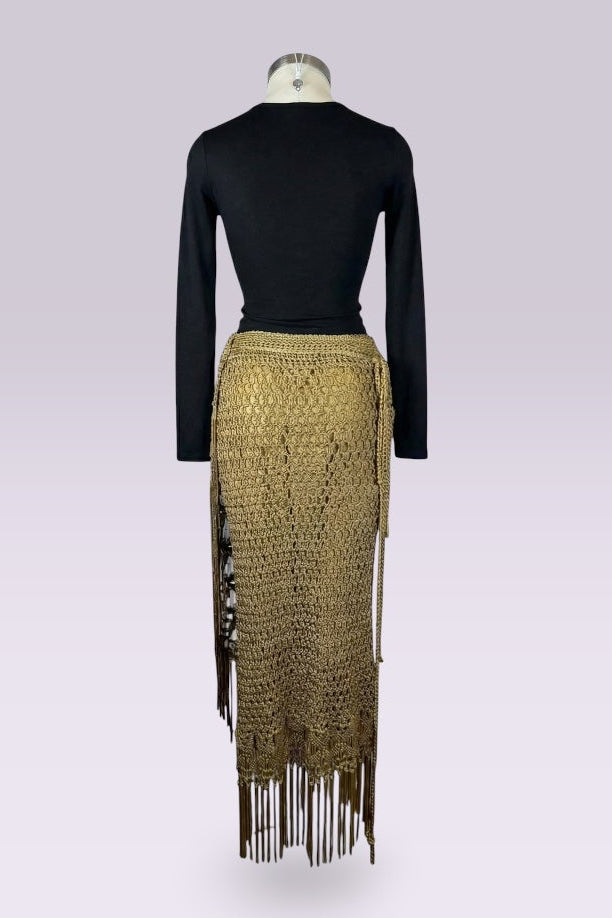 Ralph Lauren Hand Knit Gold Fringe Maxi Skirt | American Vintage