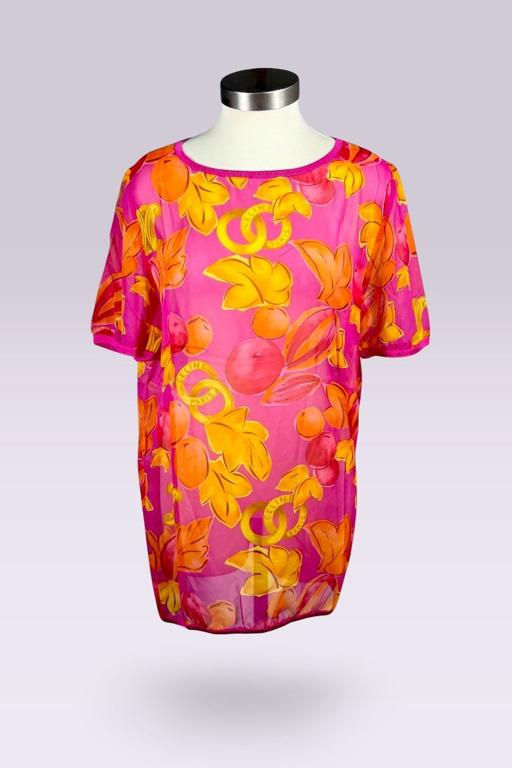 Celine Sheer Silk Fruit Print Oversized Fit Top | French Secondhand