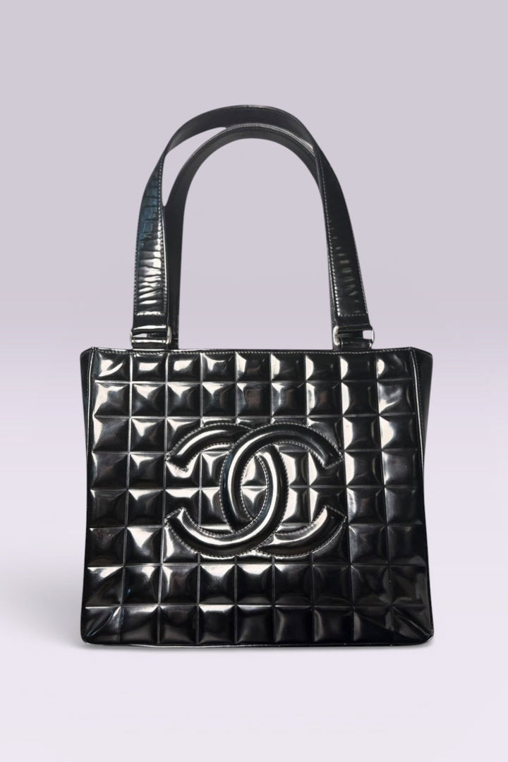 Chanel Chocolate Bar Black Patent Leather Tote | French Vintage