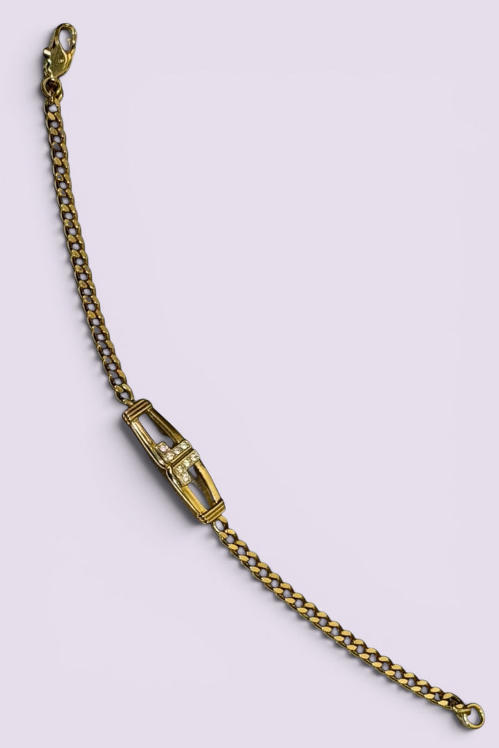 Lanvin LL Gold Tone Chain Bracelet with Pave Letter Detail | French Vintage