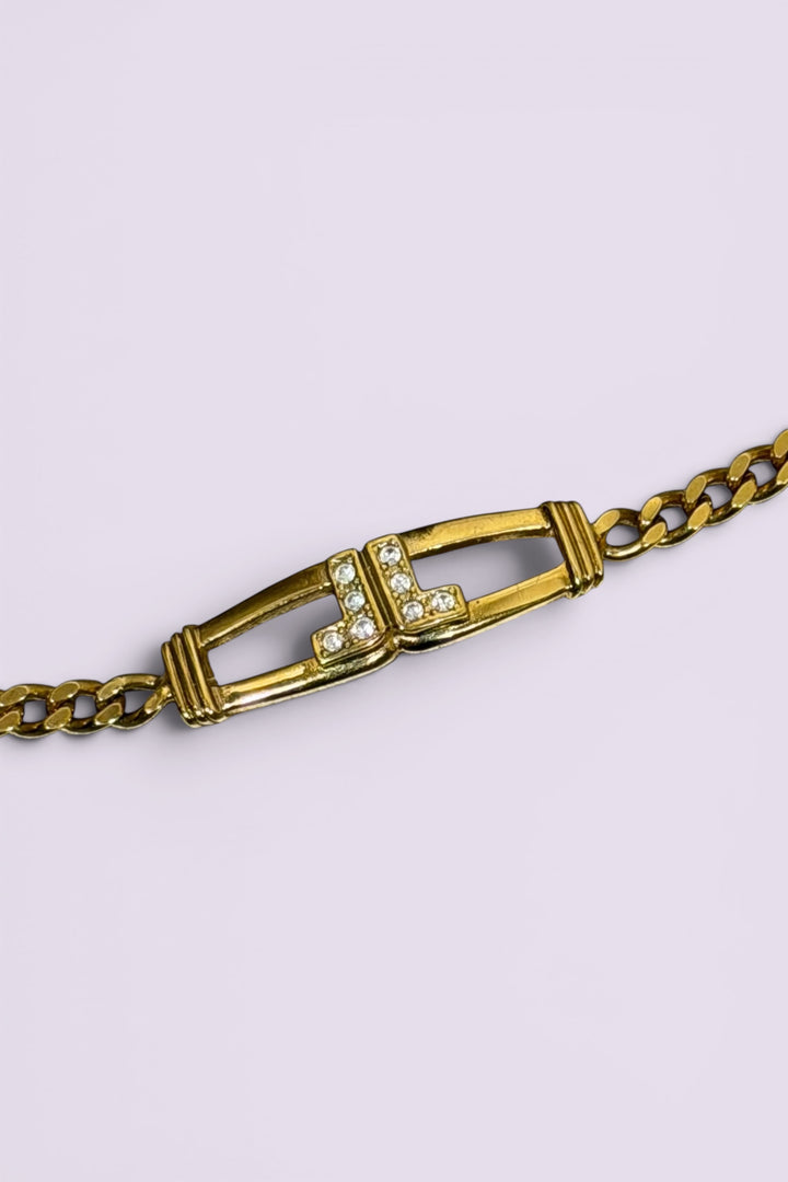 Lanvin LL Gold Tone Chain Bracelet with Pave Letter Detail | French Vintage