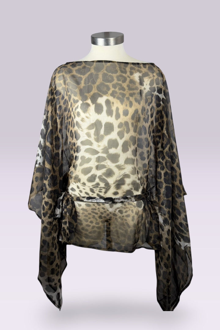 Roberto Cavalli Leopard Print Sheer Tunic Top with Waist Tie | Italian Secondhand