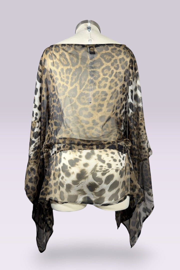 Roberto Cavalli Leopard Print Sheer Tunic Top with Waist Tie | Italian Secondhand
