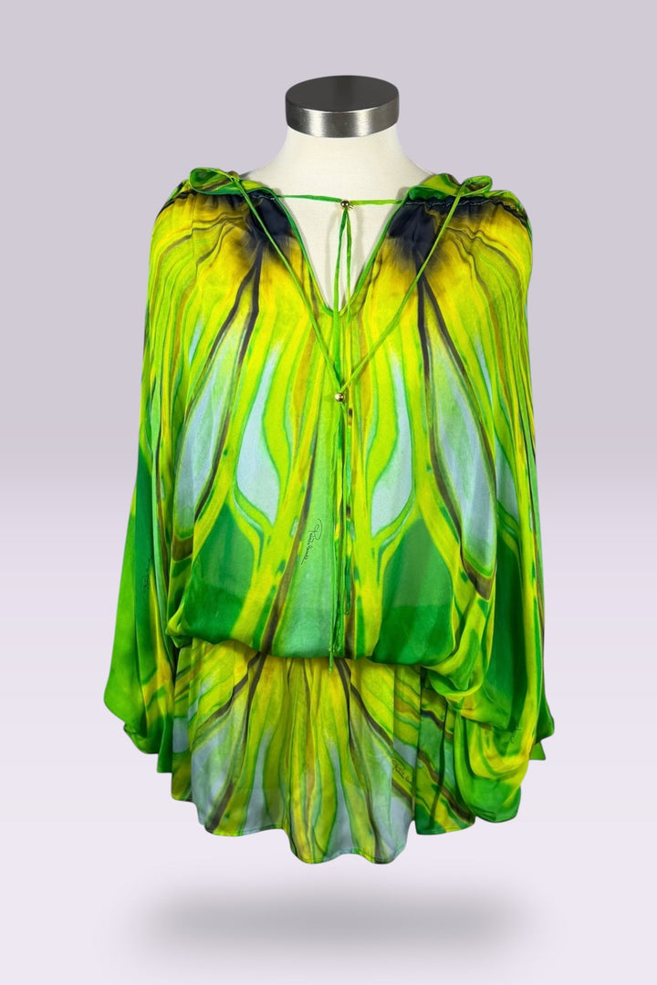Roberto Cavalli 1996 Green Abstract Silk Hooded Tunic | Italian Vintage