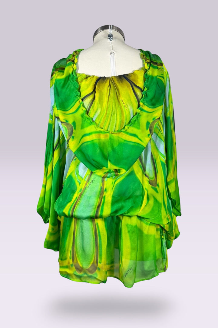 Roberto Cavalli 1996 Green Abstract Silk Hooded Tunic | Italian Vintage