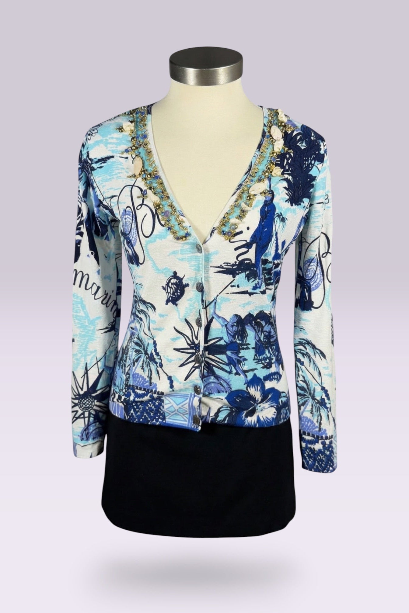 Blumarine Beaded Travel Print Cardigan | Italian Vintage