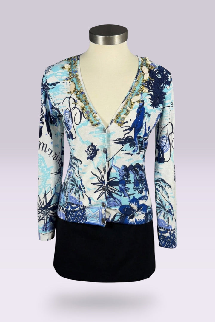 Blumarine Beaded Travel Print Cardigan | Italian Vintage