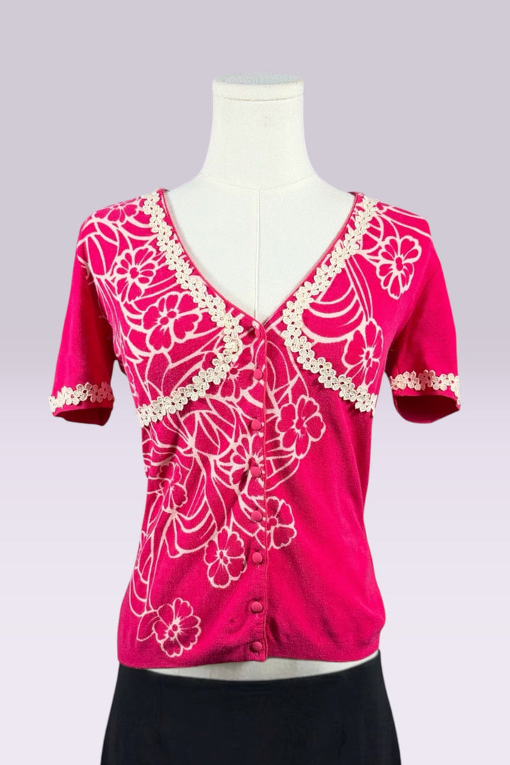 Blumarine Pink Floral Short Sleeve Cardigan | Italian Vintage