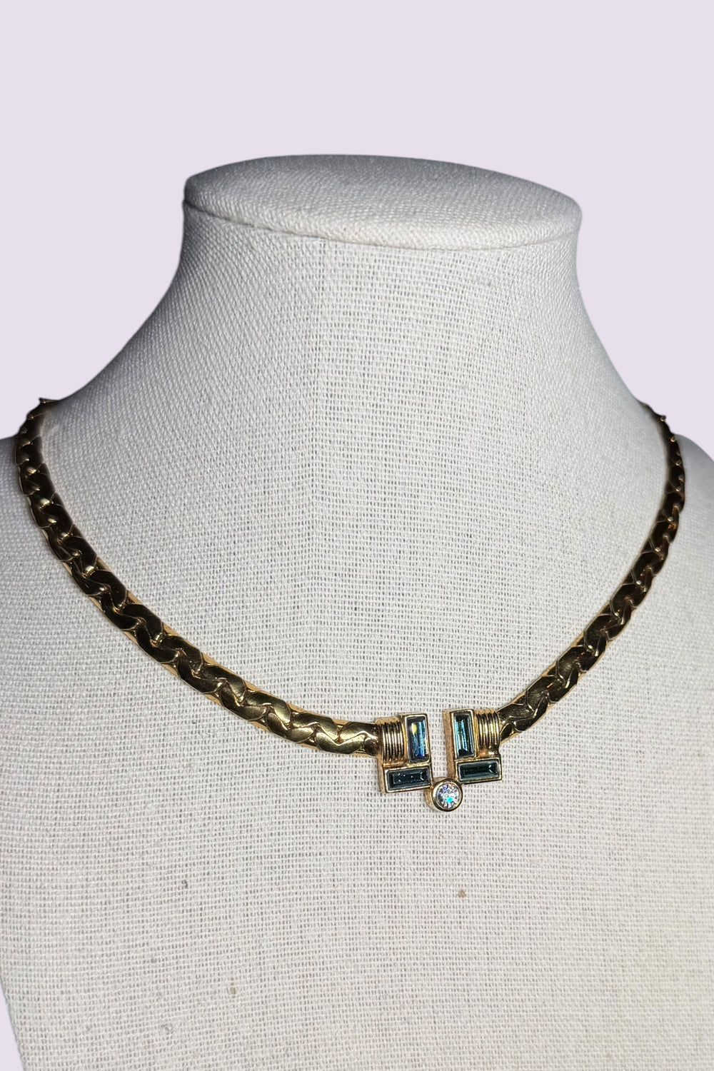 LANVIN Blue Crystal Gold Chain Necklace | French Vintage
