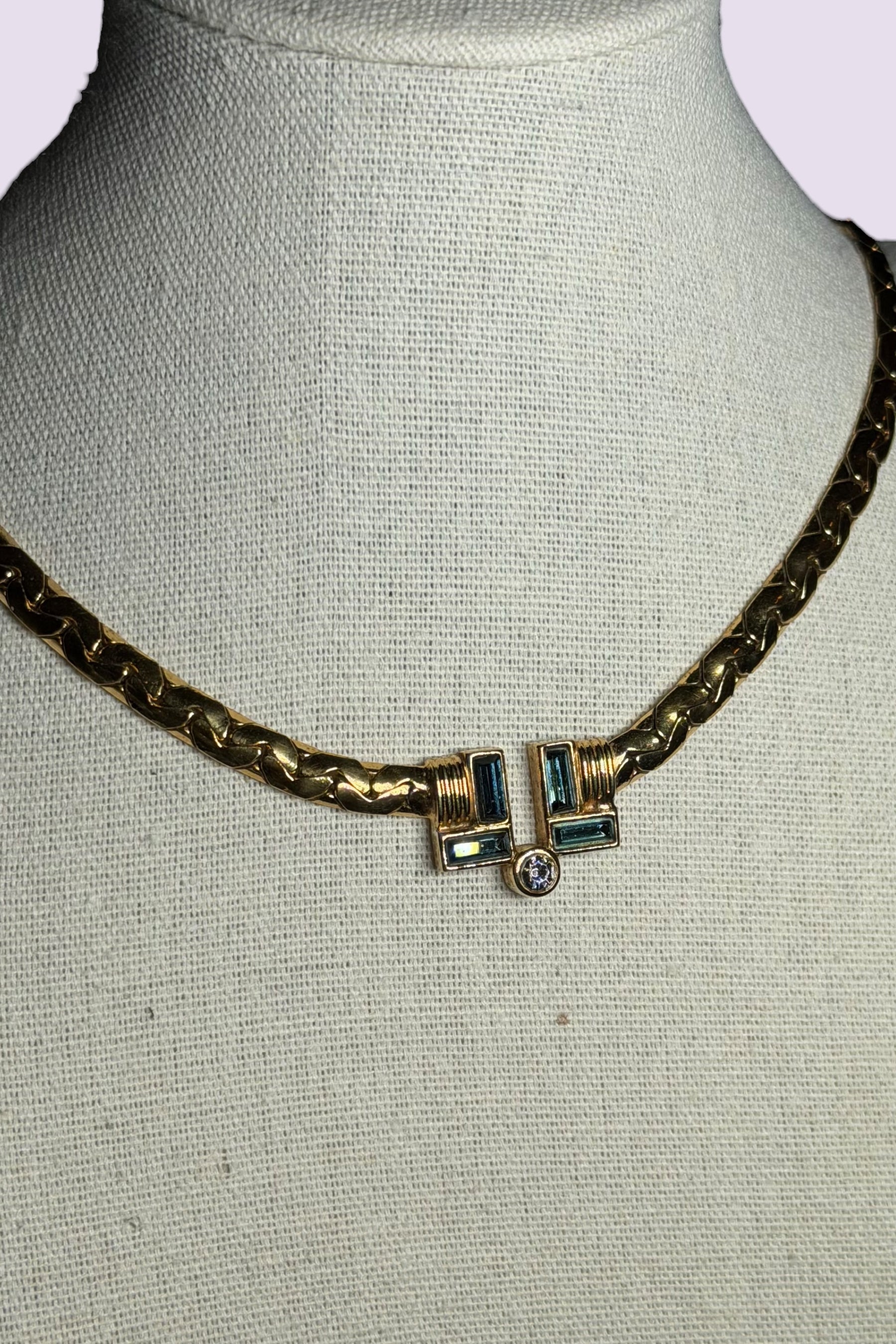 LANVIN Blue Crystal Gold Chain Necklace | French Vintage