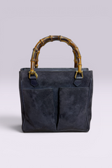 Gucci Bamboo Handle Navy Suede Tote Bag | Italian Vintage