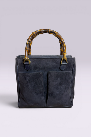 Gucci Bamboo Handle Navy Suede Tote Bag | Italian Vintage