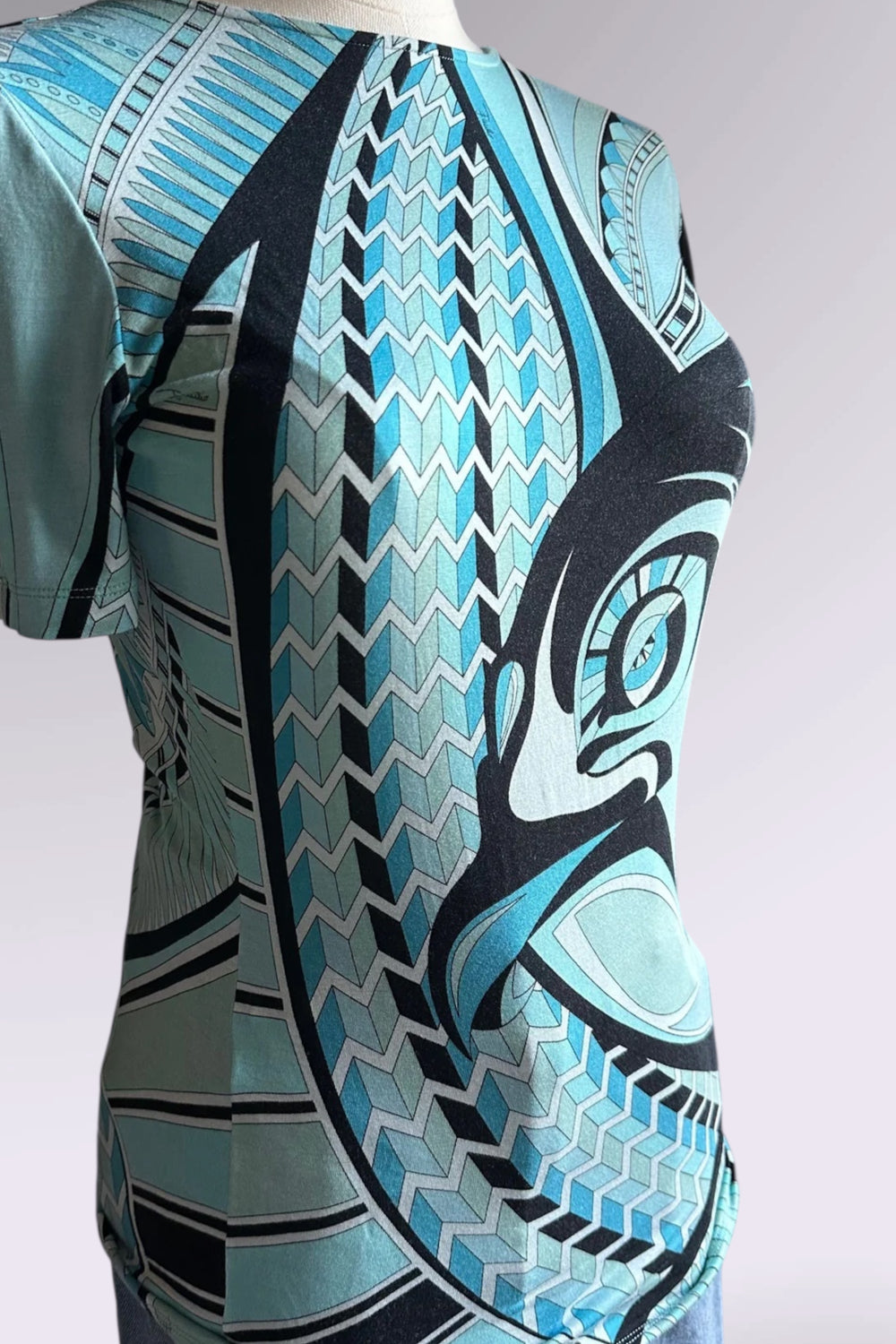Emilio Pucci Aqua Geometric Print Tee | Italian Designer Vintage