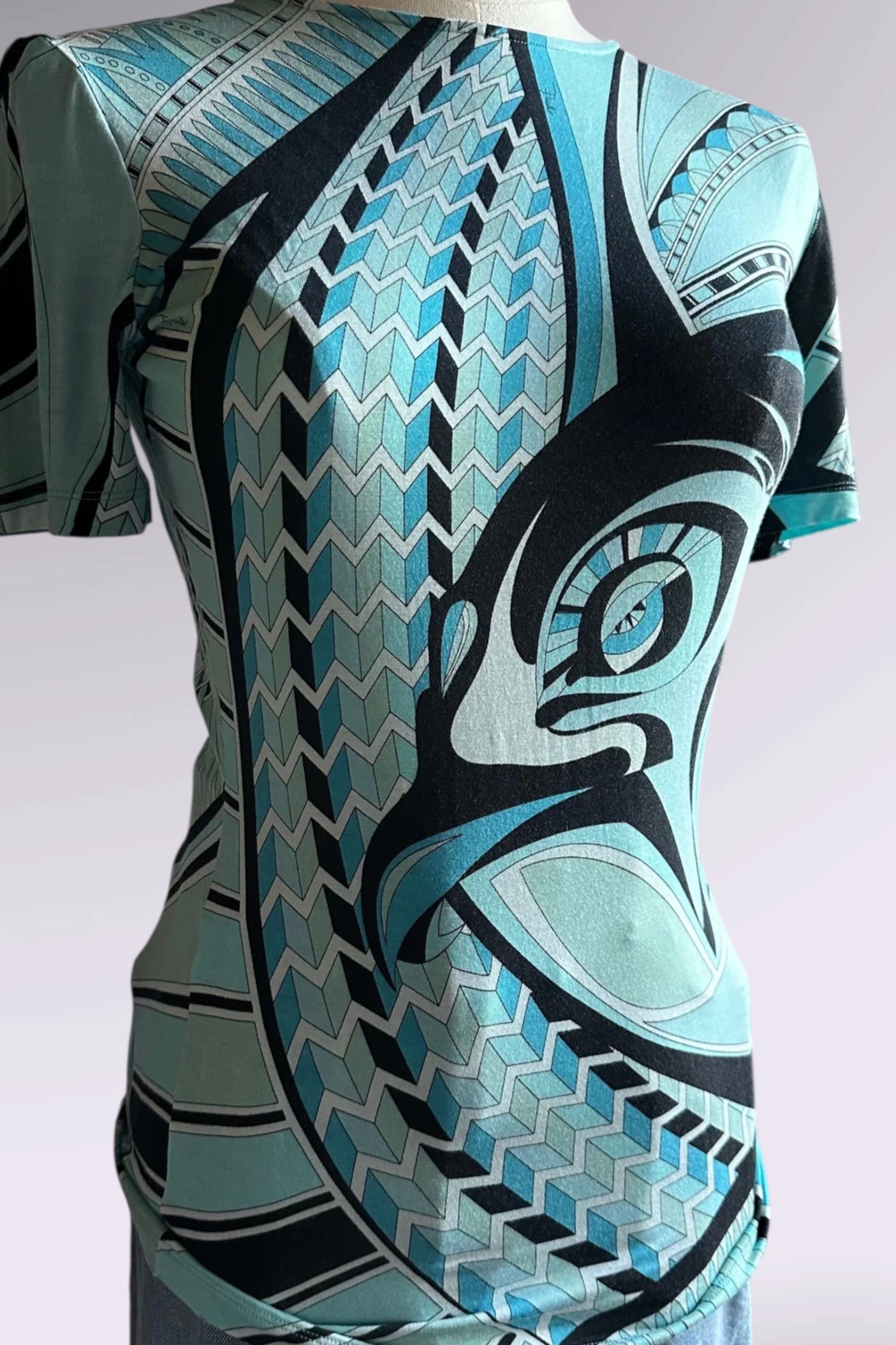Emilio Pucci Aqua Geometric Print Tee | Italian Designer Vintage