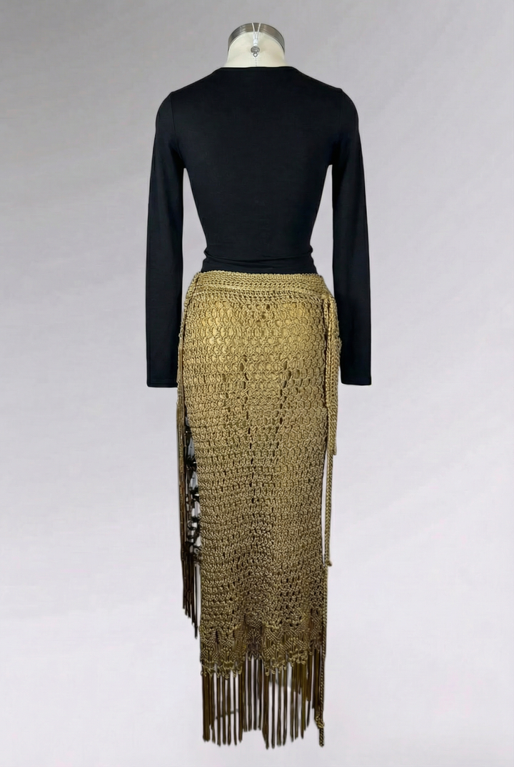COMING SOON: Ralph Lauren Hand Knit Gold Fringe Maxi Skirt | American Vintage