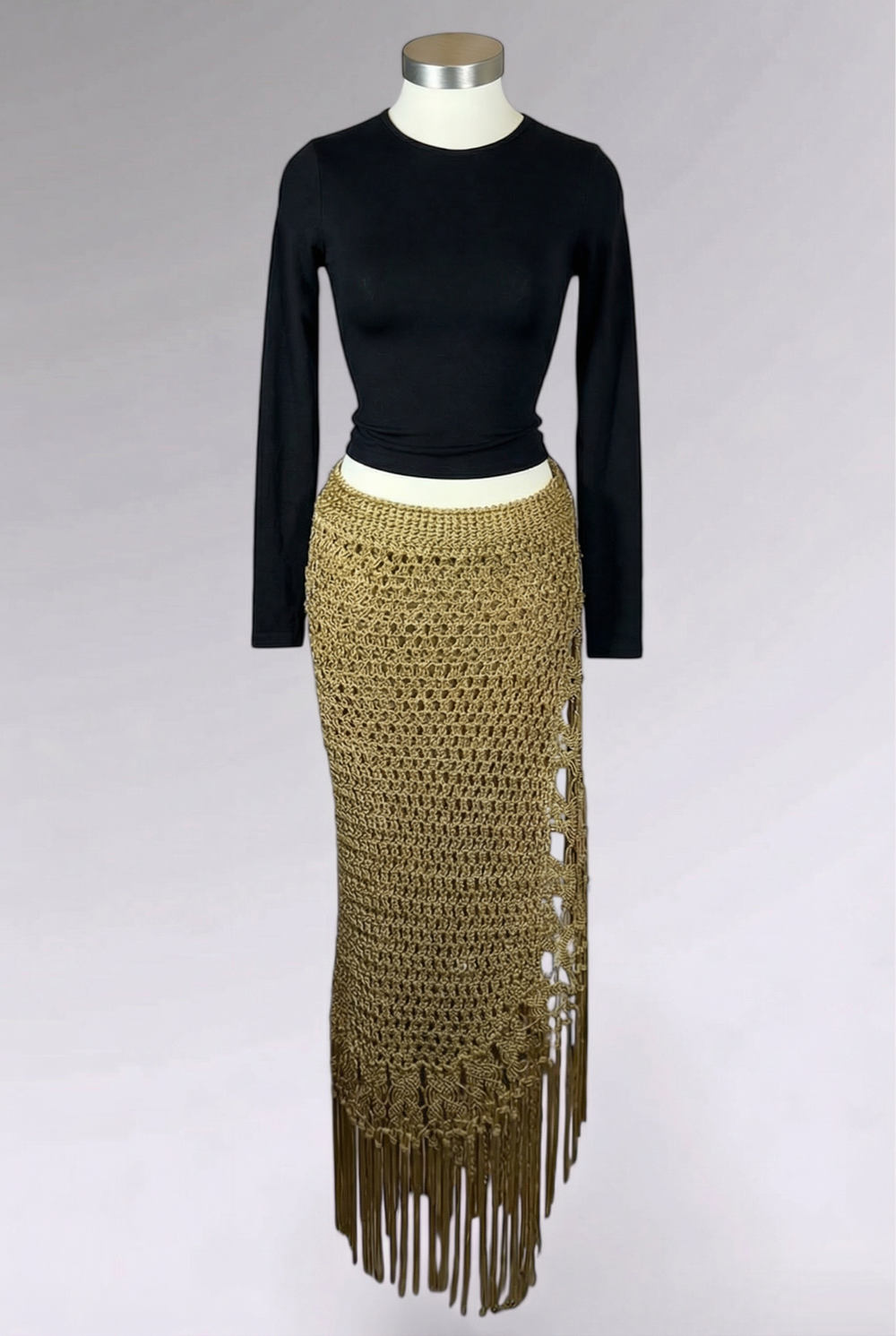 COMING SOON: Ralph Lauren Hand Knit Gold Fringe Maxi Skirt | American Vintage