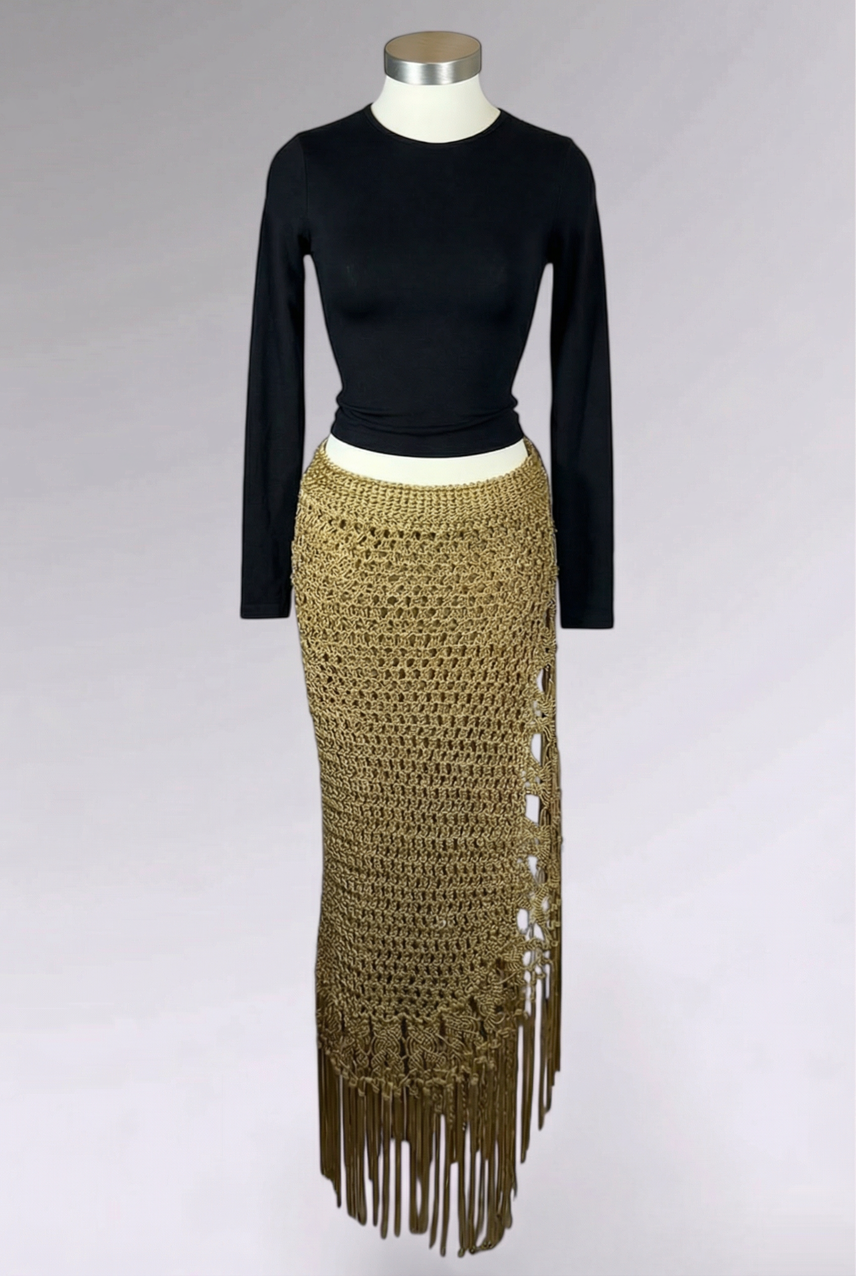 COMING SOON: Ralph Lauren Hand Knit Gold Fringe Maxi Skirt | American Vintage