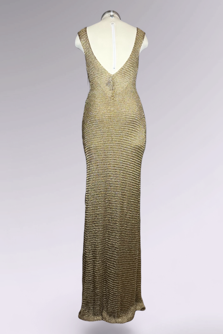 COMING SOON: Ralph Lauren Purple Label Hand Knit Metallic Gold Maxi Dress | American Designer Secondhand