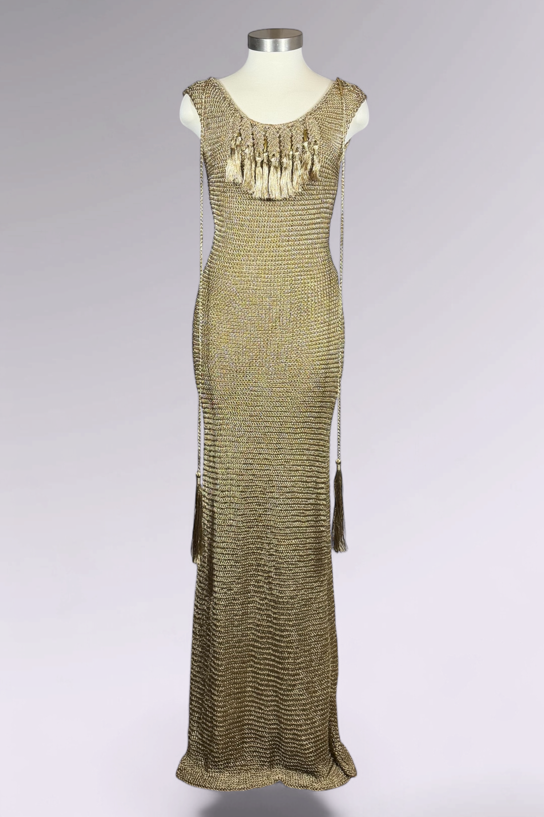 COMING SOON: Ralph Lauren Purple Label Hand Knit Metallic Gold Maxi Dress | American Designer Secondhand