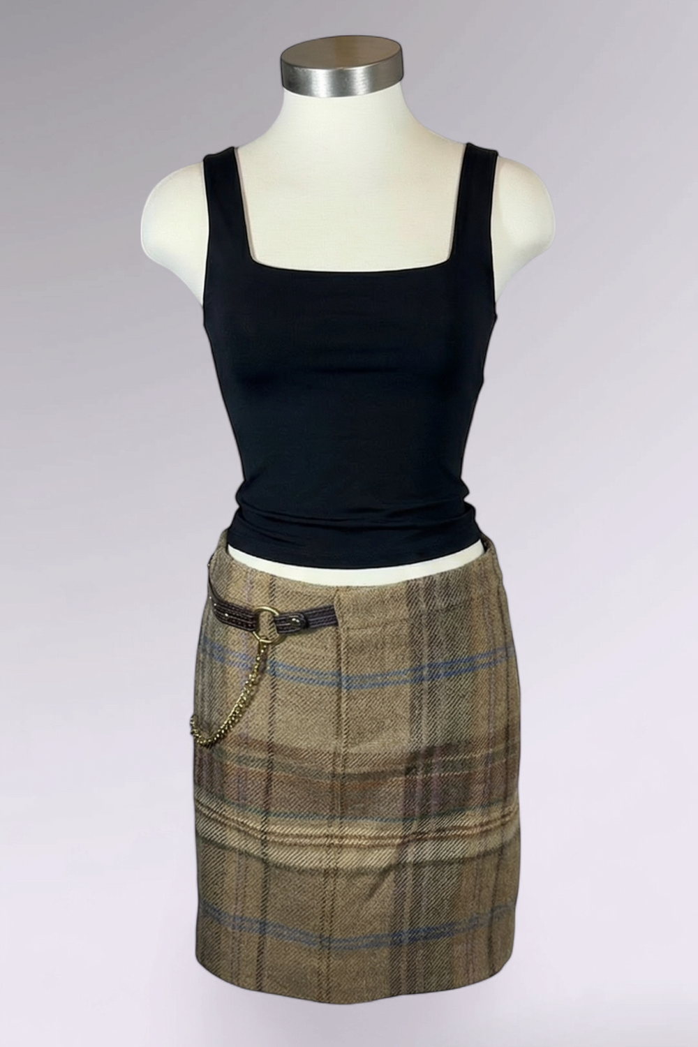 COMING SOON: Ralph Lauren Wool Alpaca Plaid Mini Skirt with Chain Belt Detail | American Vintage