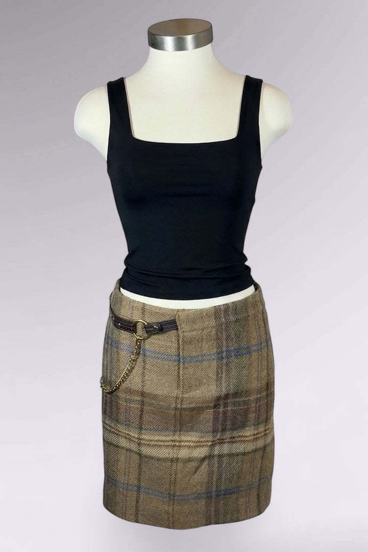 Ralph Lauren Wool Alpaca Plaid Mini Skirt with Chain Belt Detail | American Vintage