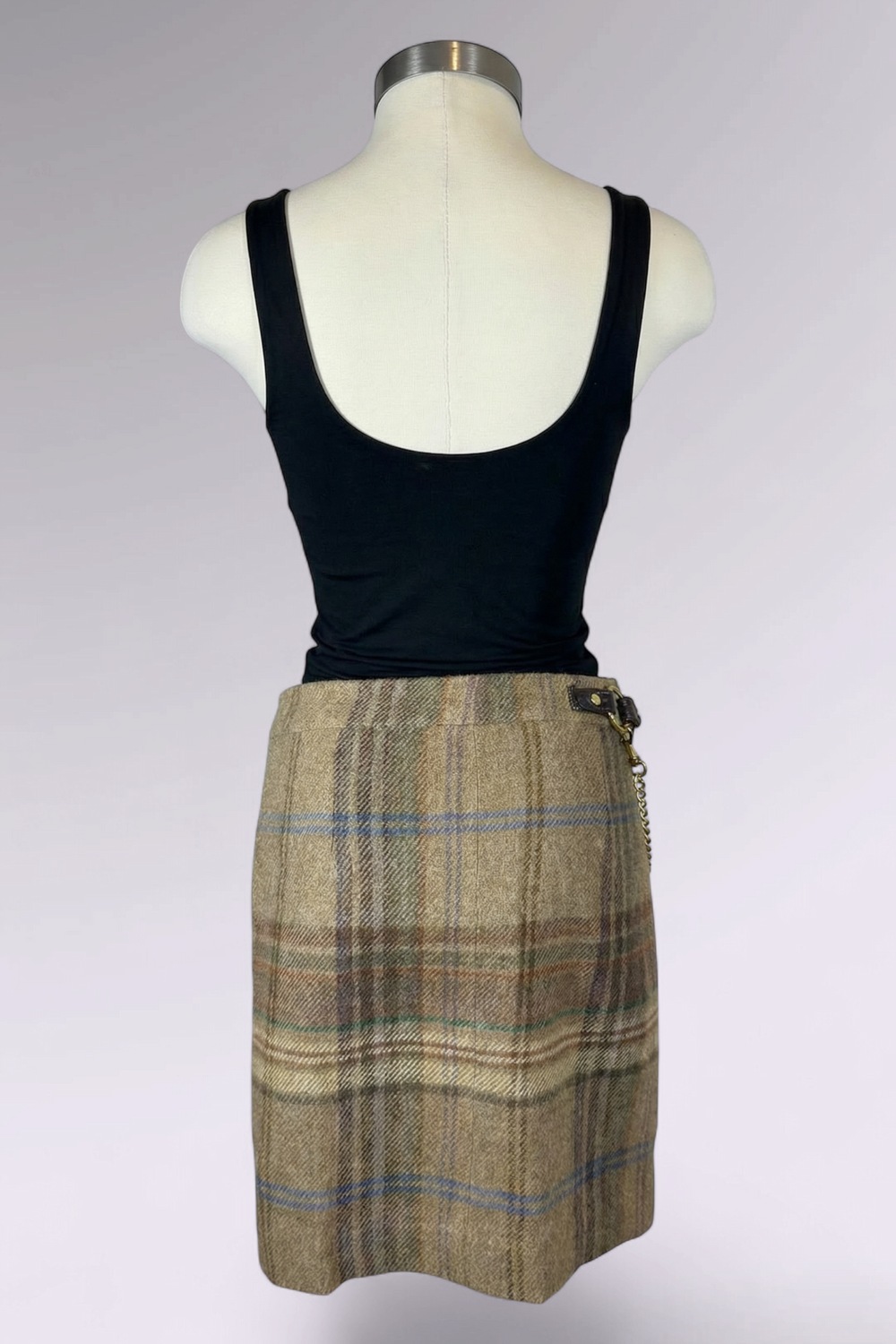 COMING SOON: Ralph Lauren Wool Alpaca Plaid Mini Skirt with Chain Belt Detail | American Vintage