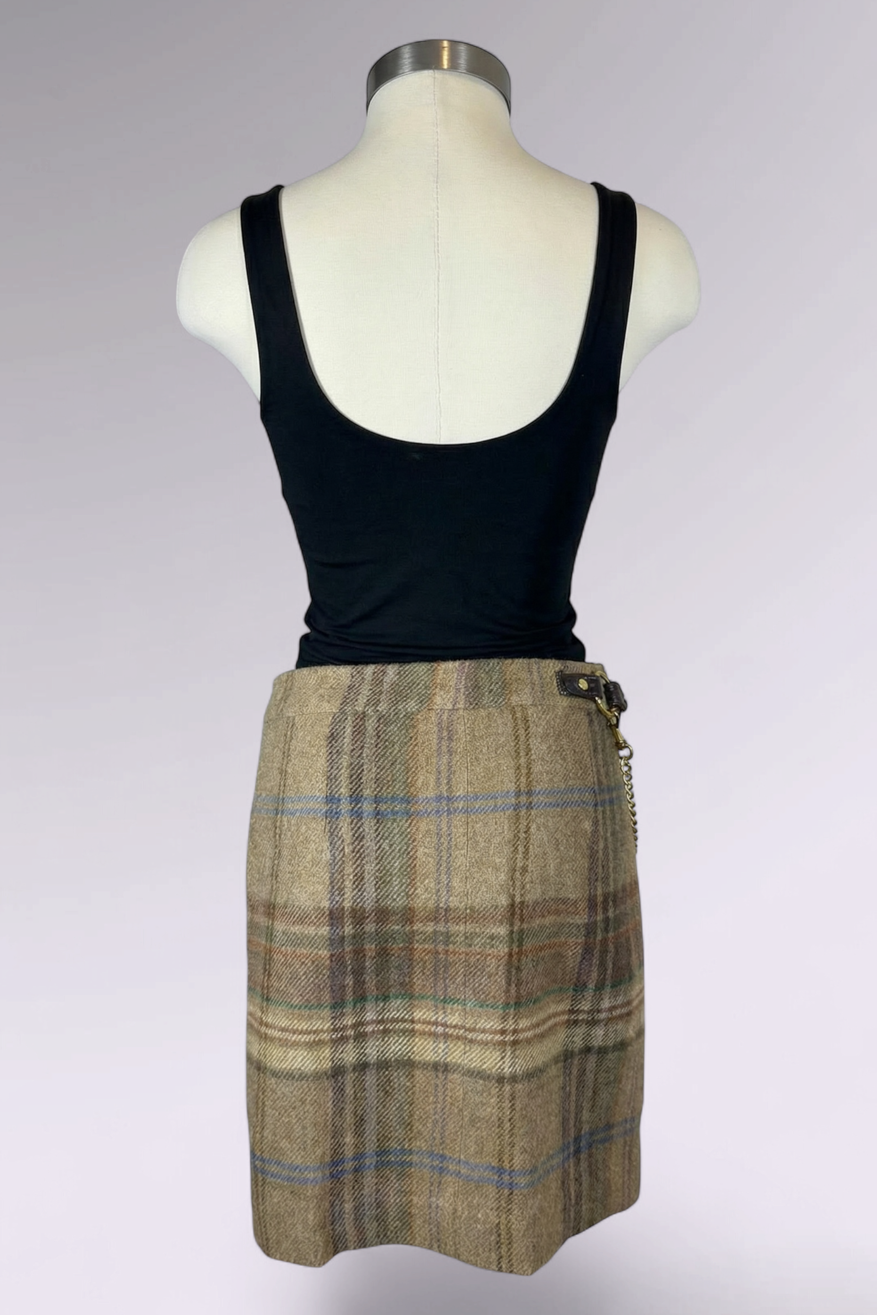 COMING SOON: Ralph Lauren Wool Alpaca Plaid Mini Skirt with Chain Belt Detail | American Vintage