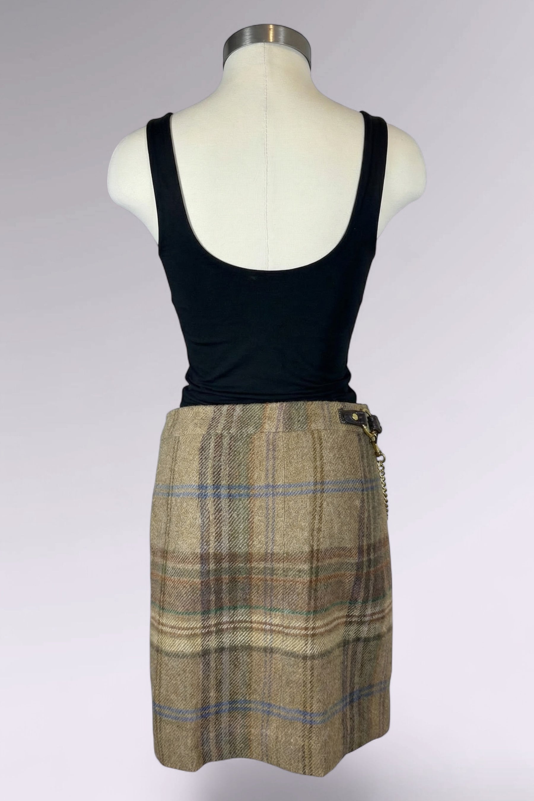 Ralph Lauren Wool Alpaca Plaid Mini Skirt with Chain Belt Detail | American Vintage
