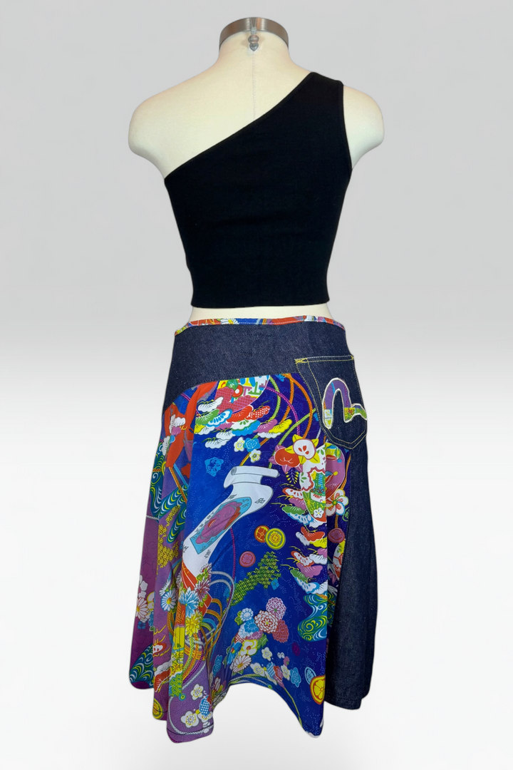 COMING SOON: Evisu Knee-Length Mixed Media Denim Side Zip Skirt