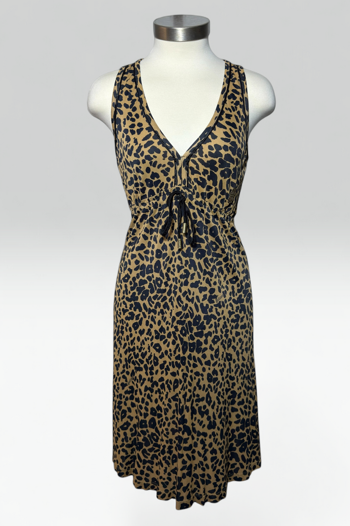 COMING SOON: Galliano leopard print drawstring silk dress