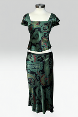 COMING SOON: etro dark green paisley silk skirt set