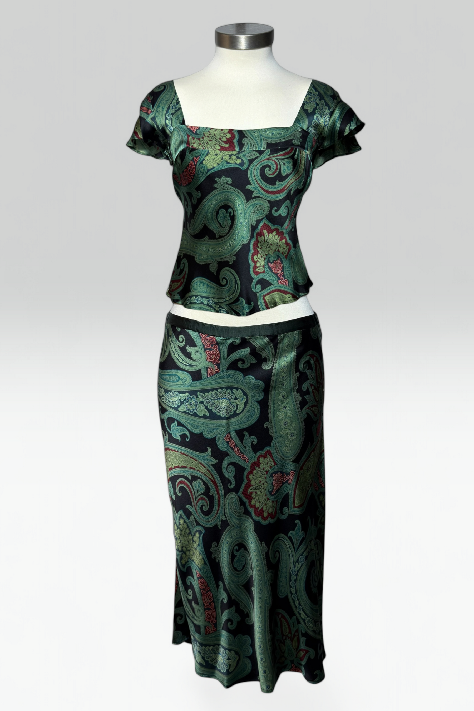 COMING SOON: etro dark green paisley silk skirt set