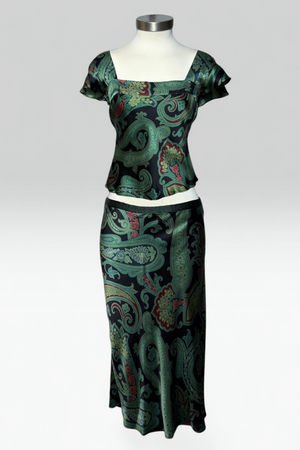 COMING SOON: etro dark green paisley silk skirt set