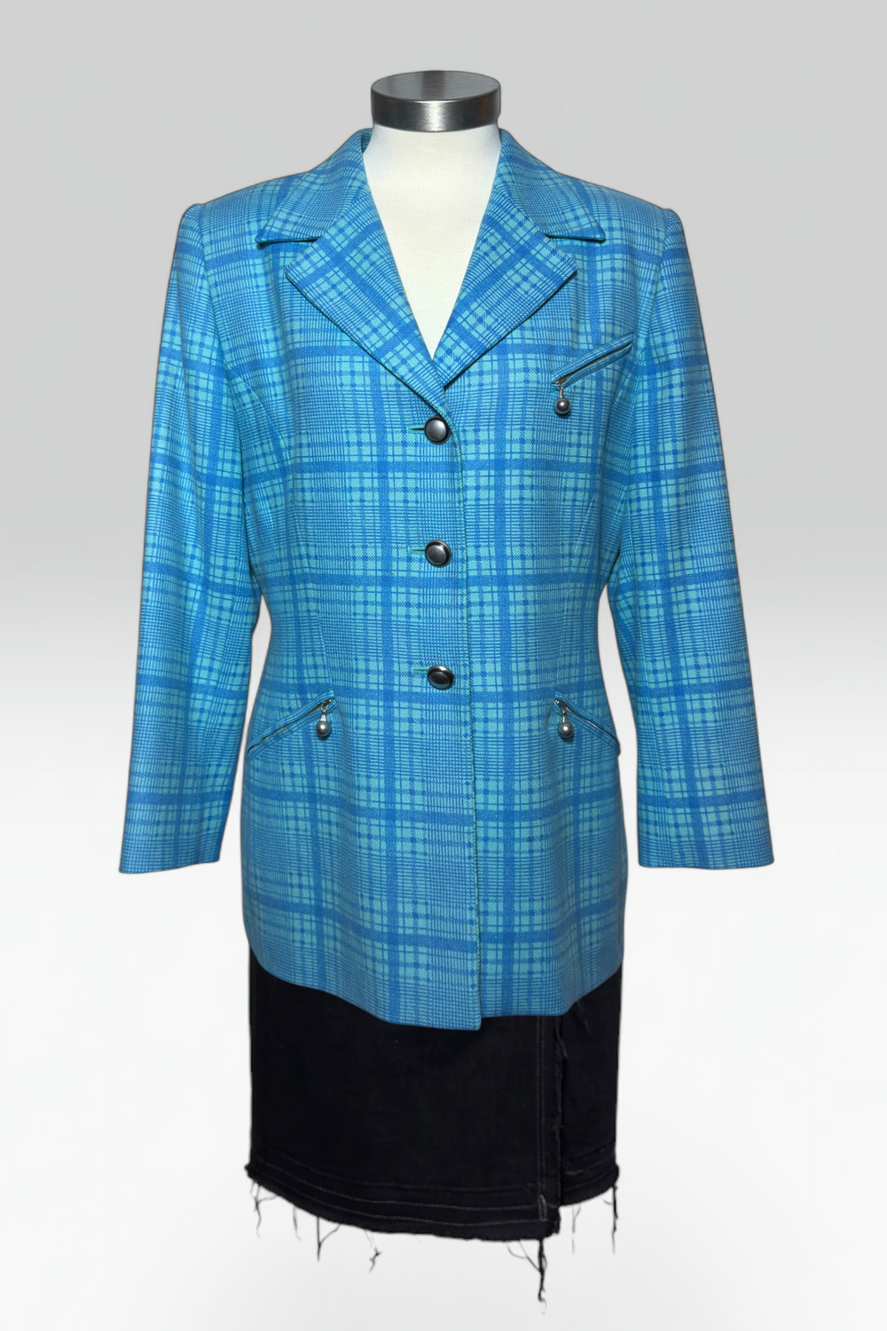 COMING SOON: Escada by Margaretha Ley aqua plaid blazer