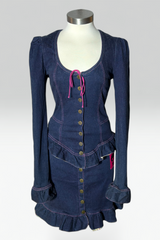 Coming soon: Betsey Johnson Betsey Johnson Pink Stitch Ruffle Dark Denim Skirt Set | American Vintage