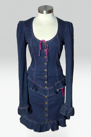 Coming soon: Betsey Johnson Betsey Johnson Pink Stitch Ruffle Dark Denim Skirt Set | American Vintage
