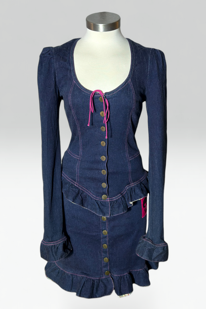 Coming soon: Betsey Johnson Betsey Johnson Pink Stitch Ruffle Dark Denim Skirt Set | American Vintage