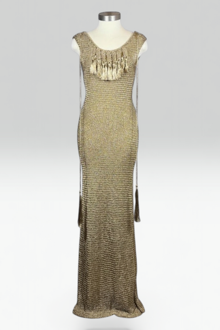 Ralph Lauren Collection Hand Knit Metallic Gold Maxi Dress | American Secondhand