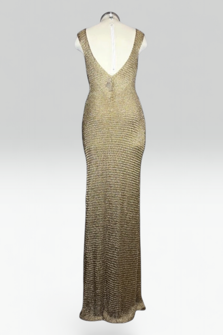 Ralph Lauren Collection Hand Knit Metallic Gold Maxi Dress | American Secondhand