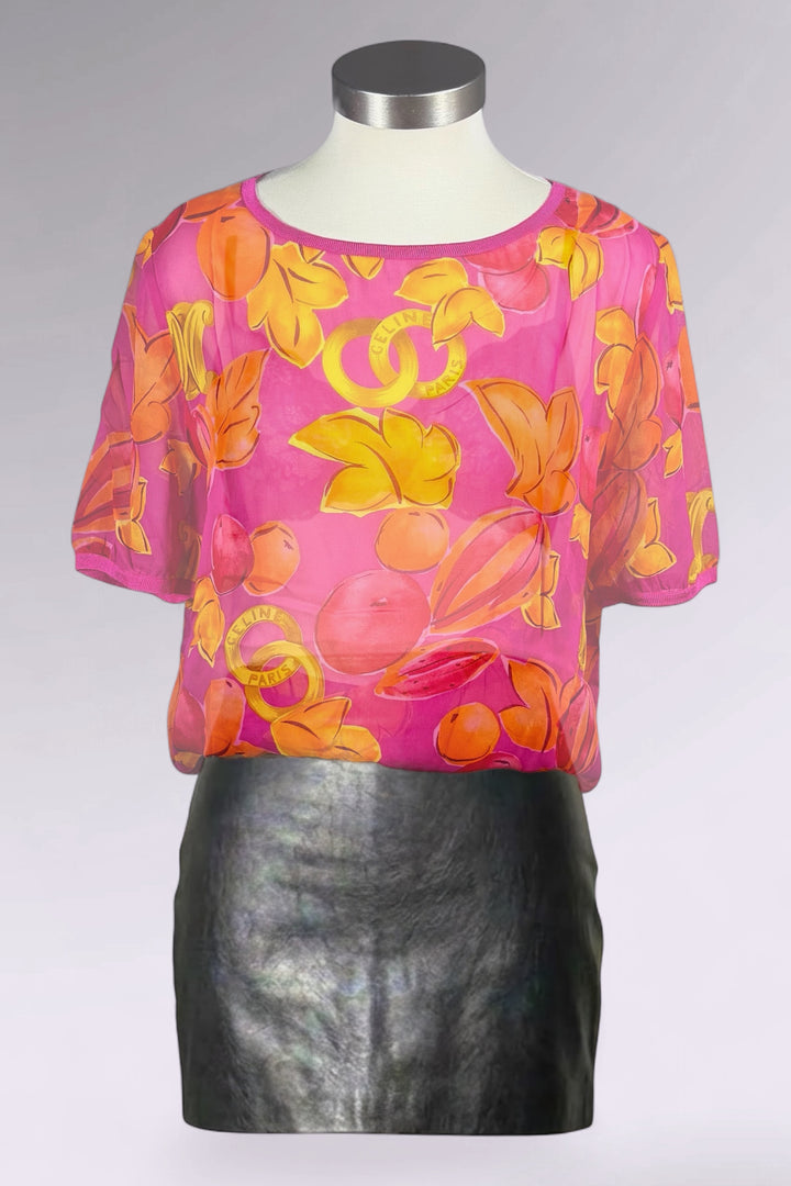 Celine Sheer Silk Fruit Print Oversized Fit Top | Italian Vintage