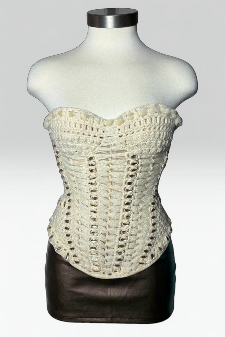 COMING SOON: Roberto Cavalli Embellished Crochet Fur Trim Corset Top